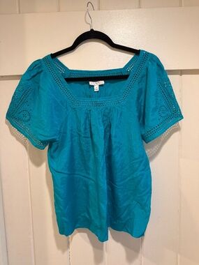 J CREW Teal Cotton/Silk Blend Short Sleeve Eyelet Top, Size 4